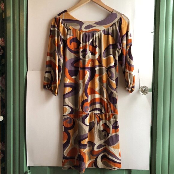 NEW BCBGMAXAZRIA Drop Waist Dress Mustard Orange Printed Swirl 60s 70s Mod Retro - Picture 9 of 9